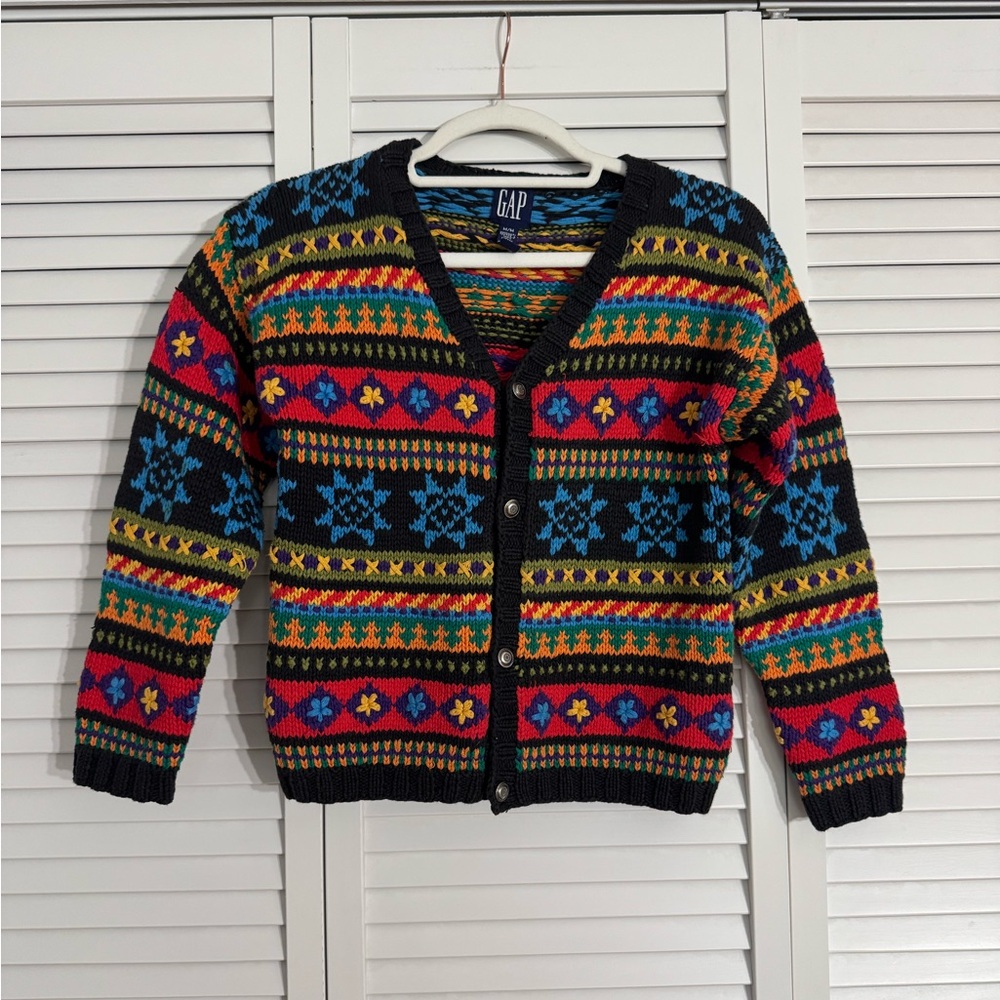 Vintage GAP Sweater Handknit Multicolor Geometric Patterned Cardigan V-Neck Sz M